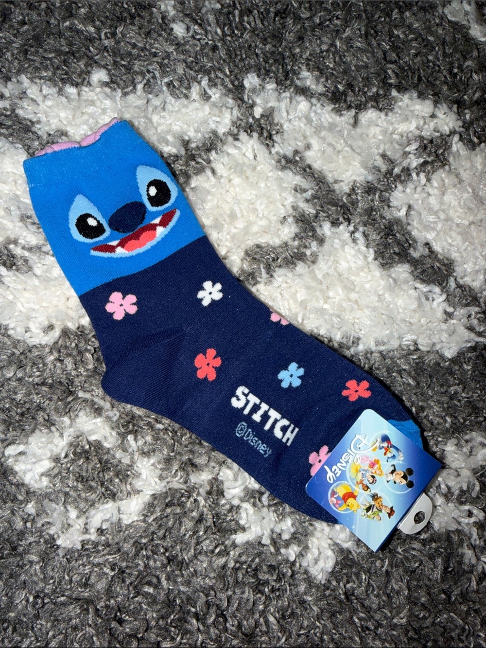NWT Stitch Navy and Bright Blue Crew Socks with Pink Floral Accents
